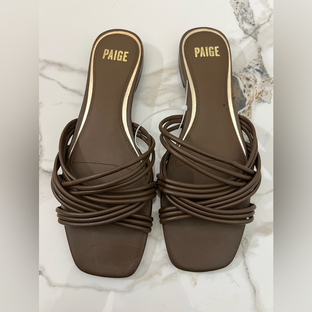 Paige Womens Dina Strap Square Toe Leather Brown Slide Sandal Sz 10